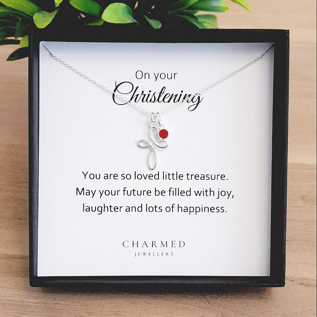 Christening Eternity Cross Necklace with Birthstone in Sterling Silver 925 | Personalised Jewellery Gift