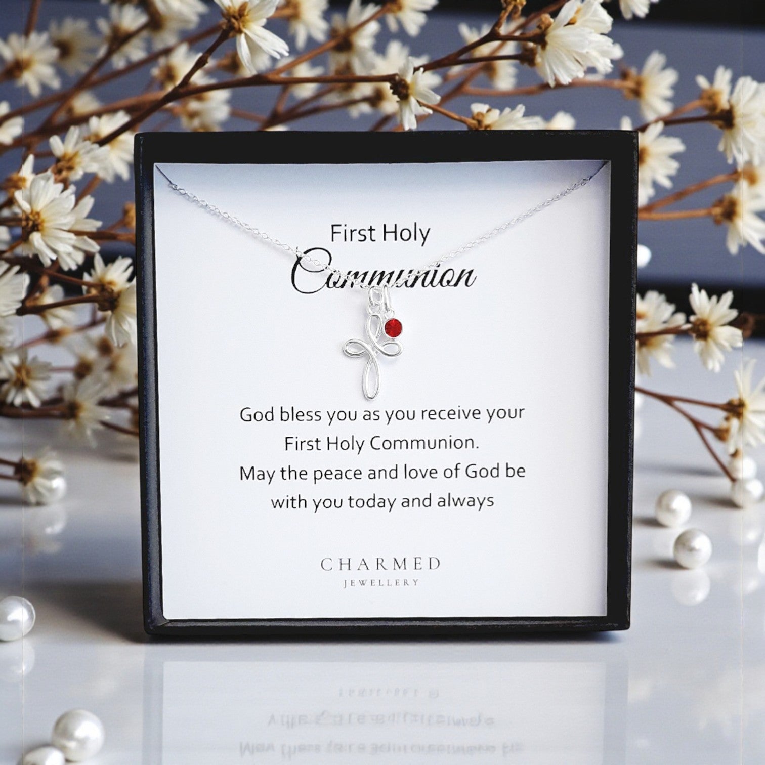 First Holy Communion Gift | Eternity Cross Necklace with Birthstone in 925 Sterling Silver | Personalised Jewellery Gift