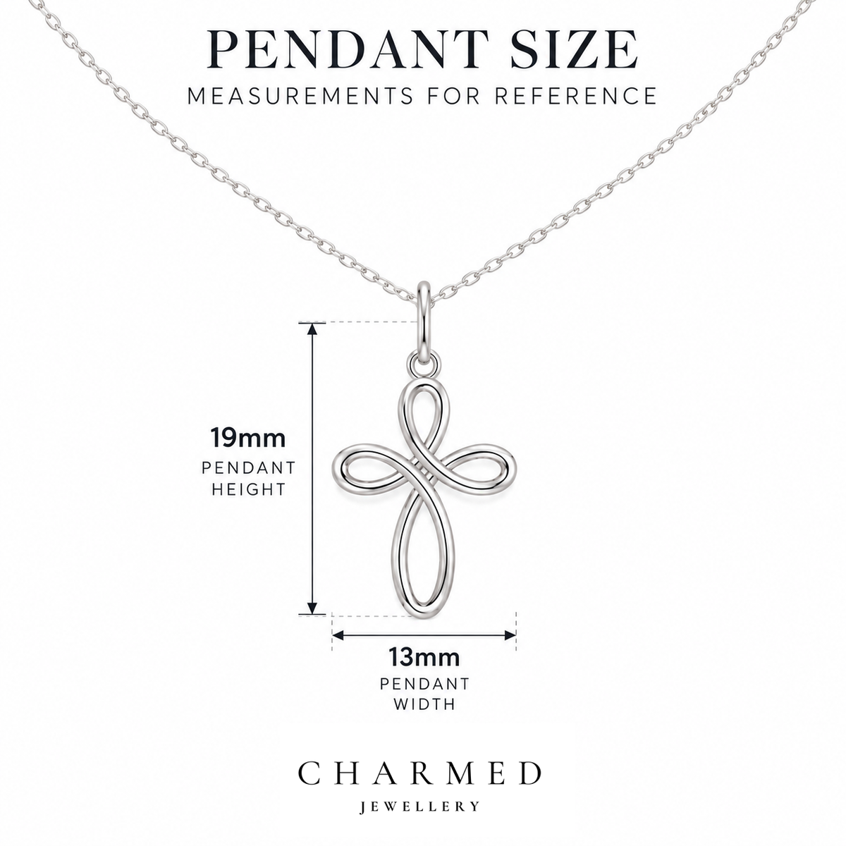 Eternity Cross Necklace measurement guide – 19mm x 13mm pendant