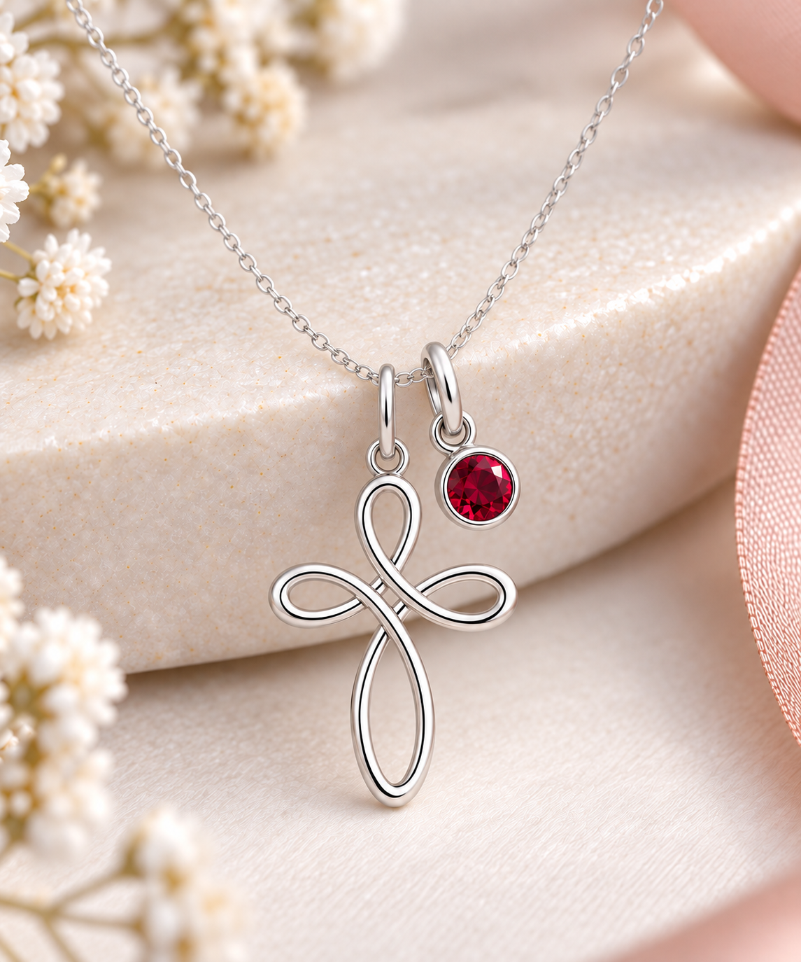 Sterling Silver Eternity Cross Necklace with crystal birthstone