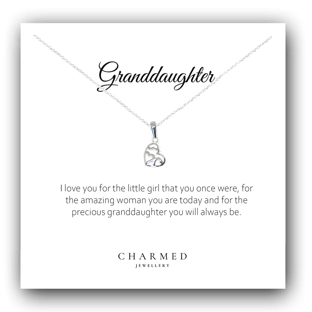 Granddaughter Gift, Fancy Heart Necklace in Sterling Silver 925, Personalised Jewellery Gift