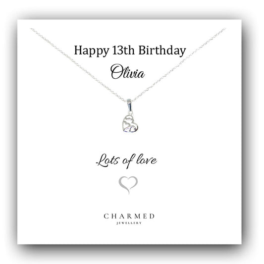 13th Birthday Fancy Heart Necklace in Sterling Silver 925 - Personalised Jewellery Gift