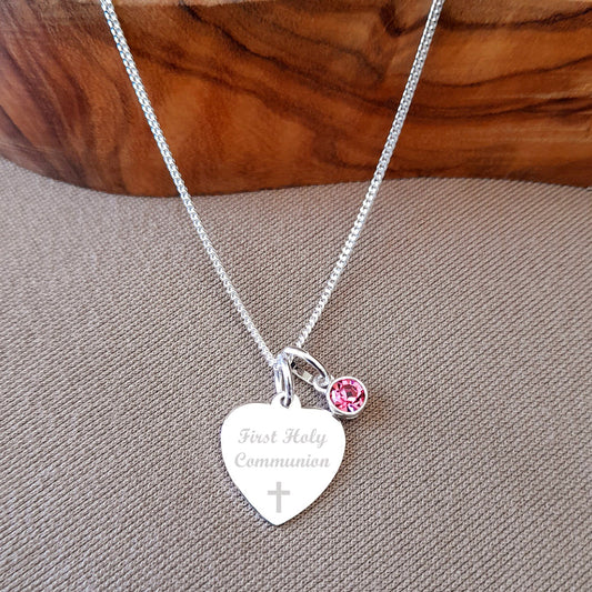 First Holy Communion Gift, Necklace with Birthstone 925 Sterling Silver, Engraved Personalised Jewellery