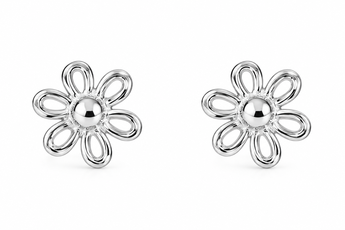 Sterling Silver Outline Flower Stud Earrings with 7mm floral design