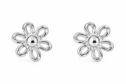 Sterling Silver Outline Flower Stud Earrings with 7mm floral design