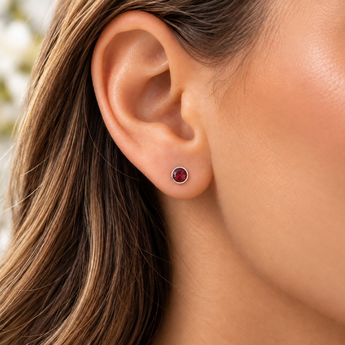 4mm January Garnet Birthstone Stud Earrings worn by model