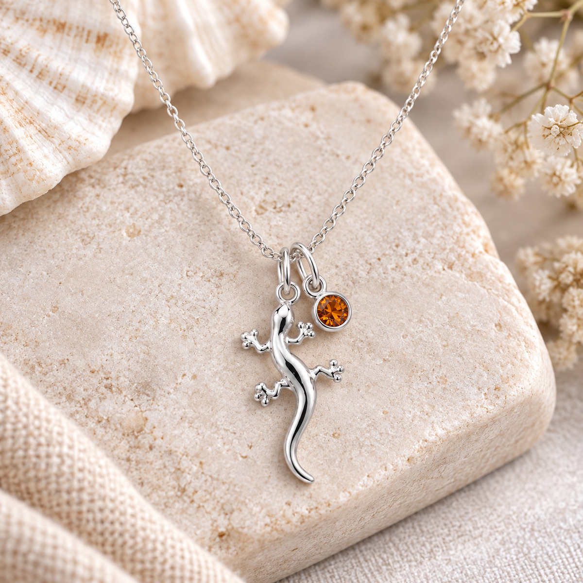Sterling Silver Gecko Necklace with crystal birthstone