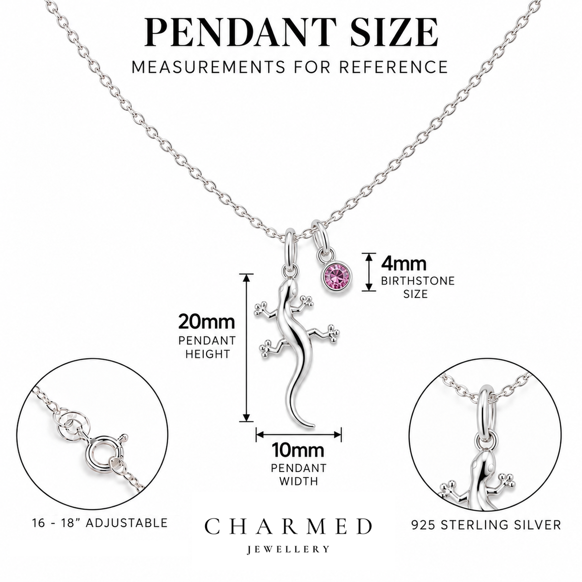 Gecko Birthstone Necklace measurement guide – 20mm x 10mm pendant