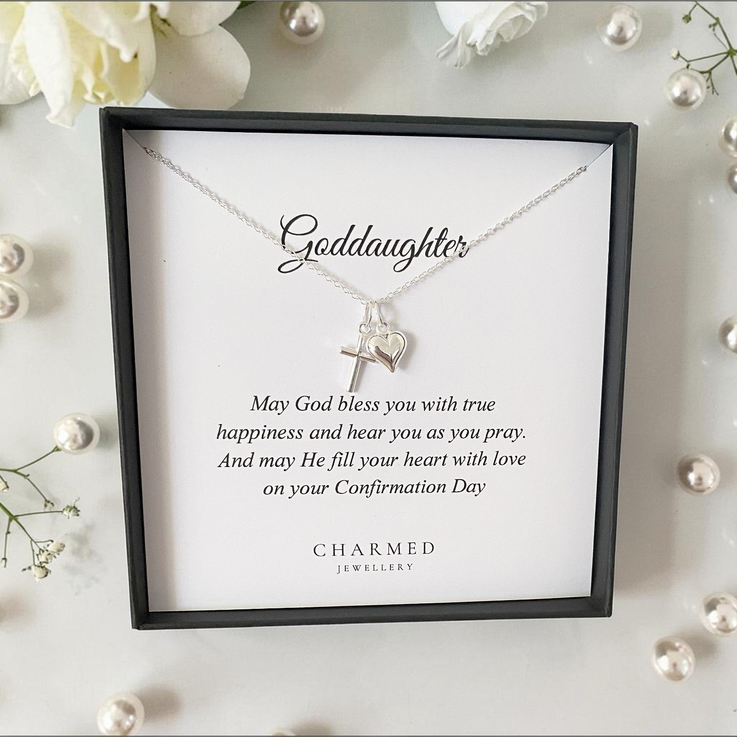 Goddaughter Confirmation Gift | Cross and Puffy Heart Necklace 925 Sterling Silver | Personalised Jewellery