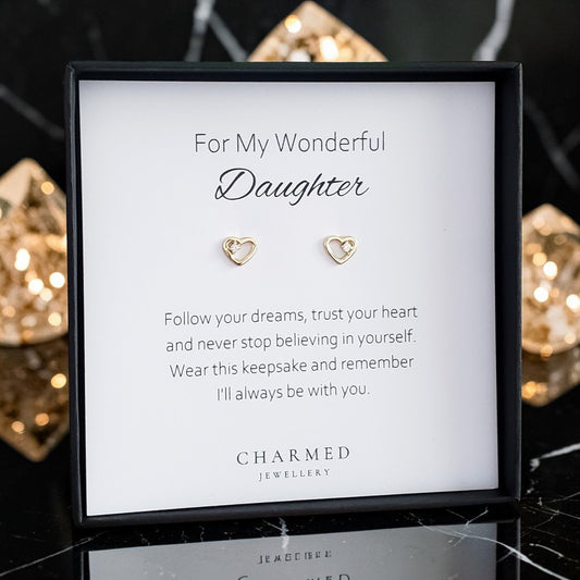 Daughter Gift | Gold CZ Heart Stud Earrings Sterling Silver 925 | Personalised Jewellery