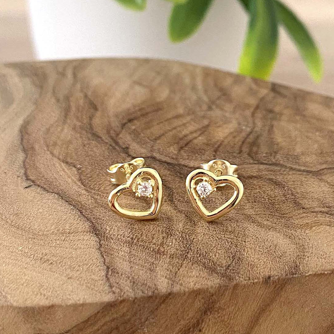 Gold CZ Heart Stud Earrings in Sterling Silver 925 | Personalised Jewellery Gift