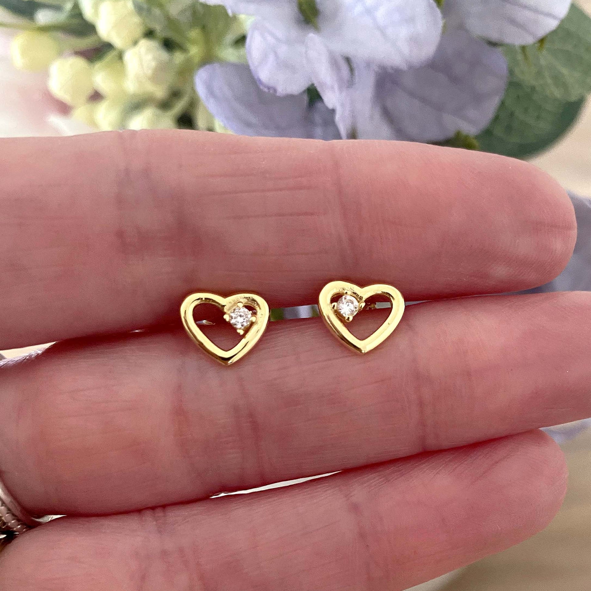 Gold CZ Heart Stud Earrings in Sterling Silver 925 | Personalised Jewellery Gift