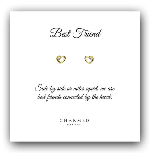 Best Friend Gift, CZ Heart Stud Earrings, 14ct Yellow Gold Plated Sterling Silver 925, Personalised Jewellery Gift