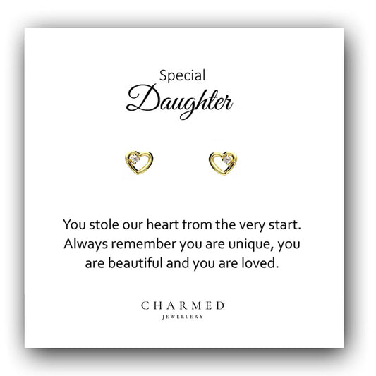 Daughter Gift, CZ Heart Stud Earrings, 14ct Yellow Gold Plated Sterling Silver 925, Personalised Jewellery Gift