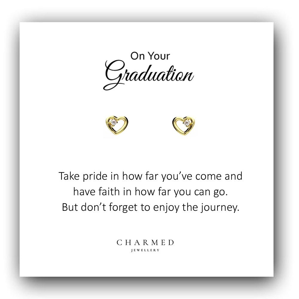 Graduation Gift, CZ Heart Stud Earrings, 14ct Yellow Gold Plated Sterling Silver 925, Personalised Jewellery Gift
