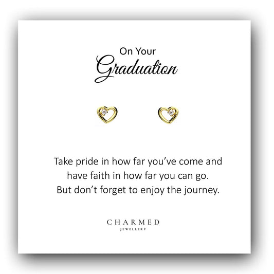 Graduation Gift, CZ Heart Stud Earrings, 14ct Yellow Gold Plated Sterling Silver 925, Personalised Jewellery Gift
