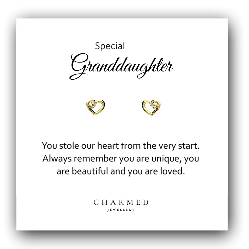Granddaughter Gift, CZ Heart Stud Earrings, 14ct Yellow Gold Plated Sterling Silver 925, Personalised Jewellery Gift