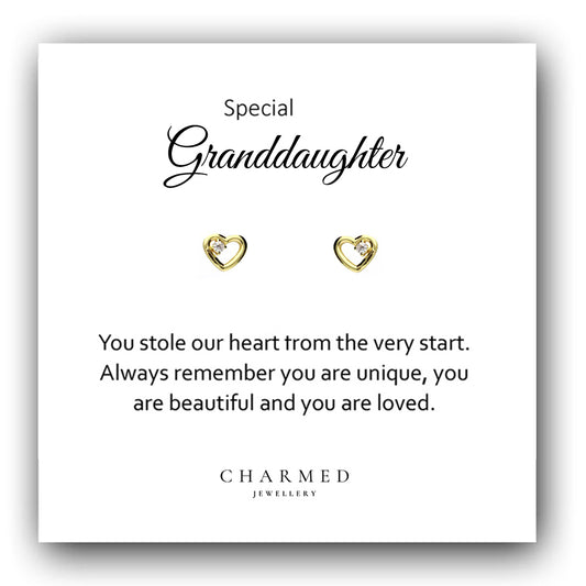 Granddaughter Gift, CZ Heart Stud Earrings, 14ct Yellow Gold Plated Sterling Silver 925, Personalised Jewellery Gift