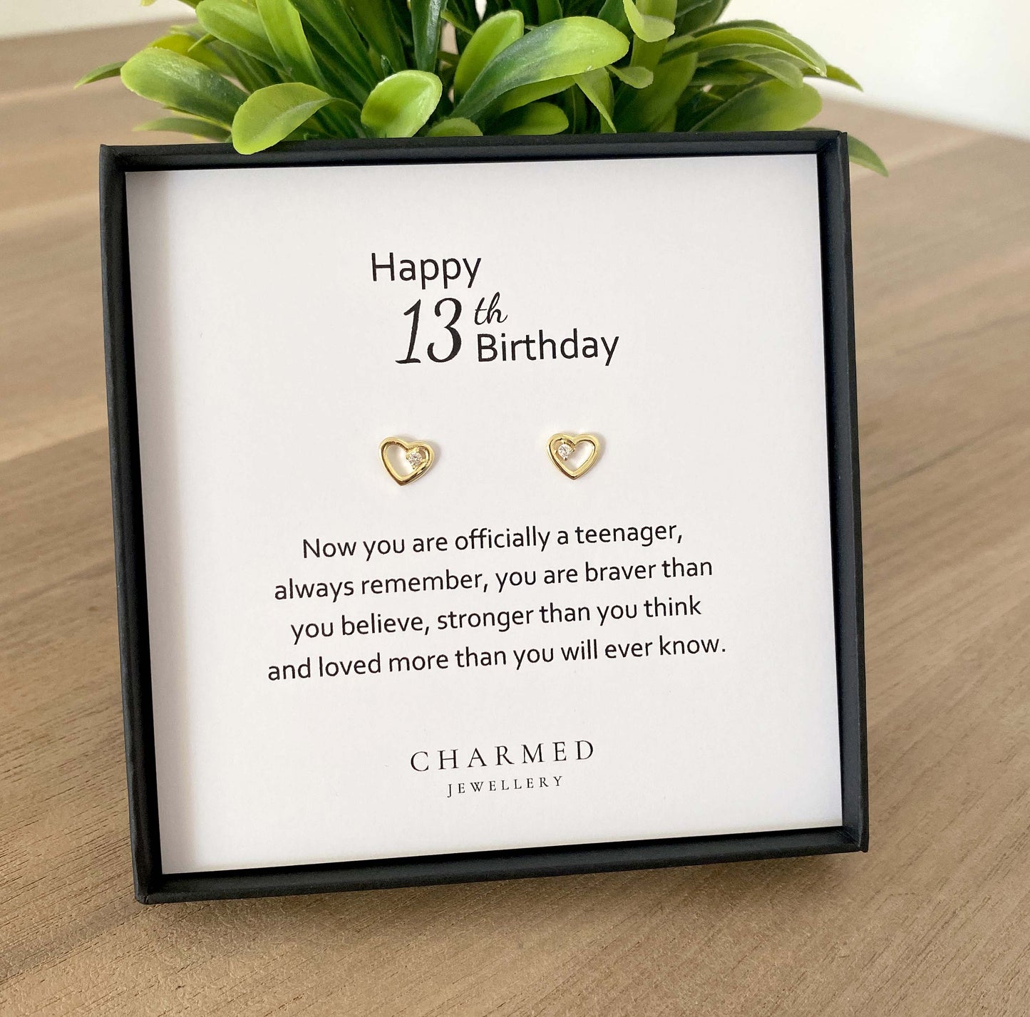 13th Birthday Gift, Gold CZ Heart Stud Earrings, Sterling Silver 925, Personalised Jewellery Gift