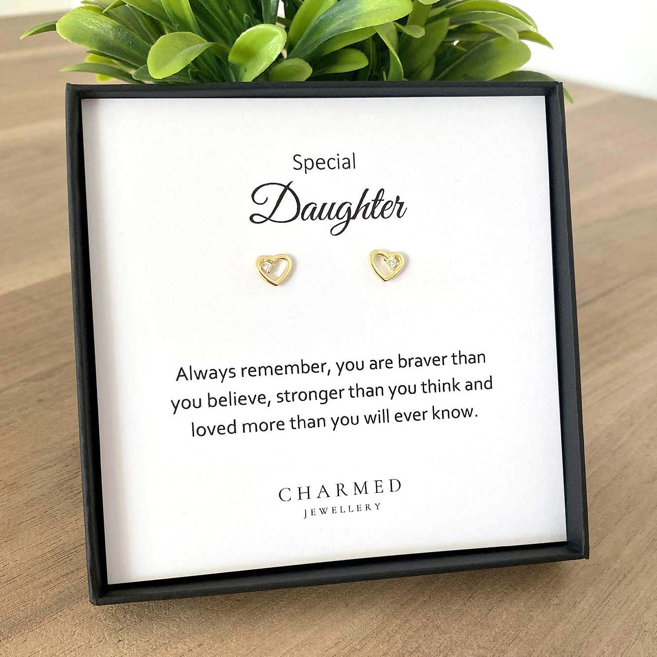 Daughter Gift, Gold CZ Heart Stud Earrings, Sterling Silver 925 | Personalised Jewellery Gift