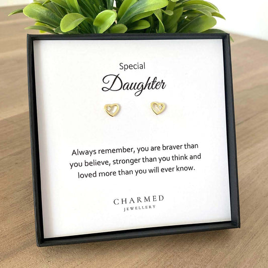 Daughter Gift, Gold CZ Heart Stud Earrings, Sterling Silver 925 | Personalised Jewellery Gift