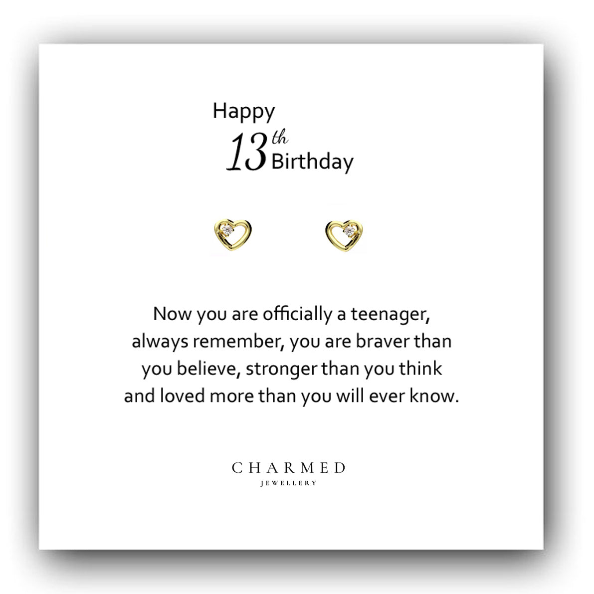 13th Birthday Gift, CZ Heart Stud Earrings, 14ct Yellow Gold Plated Sterling Silver 925, Personalised Jewellery Gift