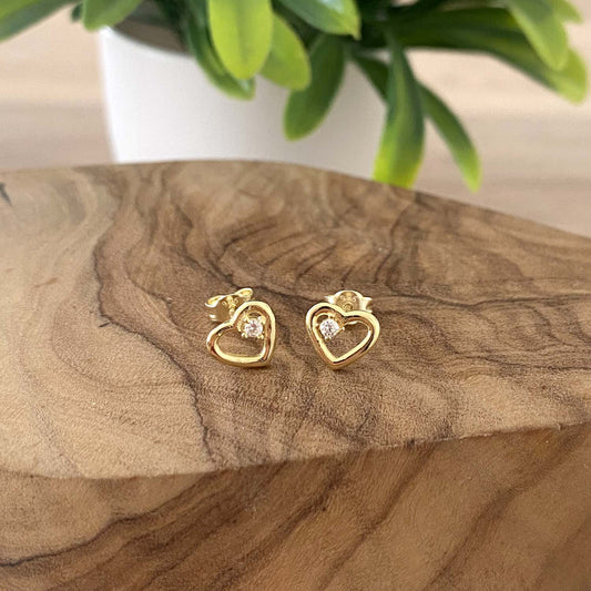 CZ Open Heart Stud Earrings 14ct Yellow Gold Plated 925 Sterling Silver