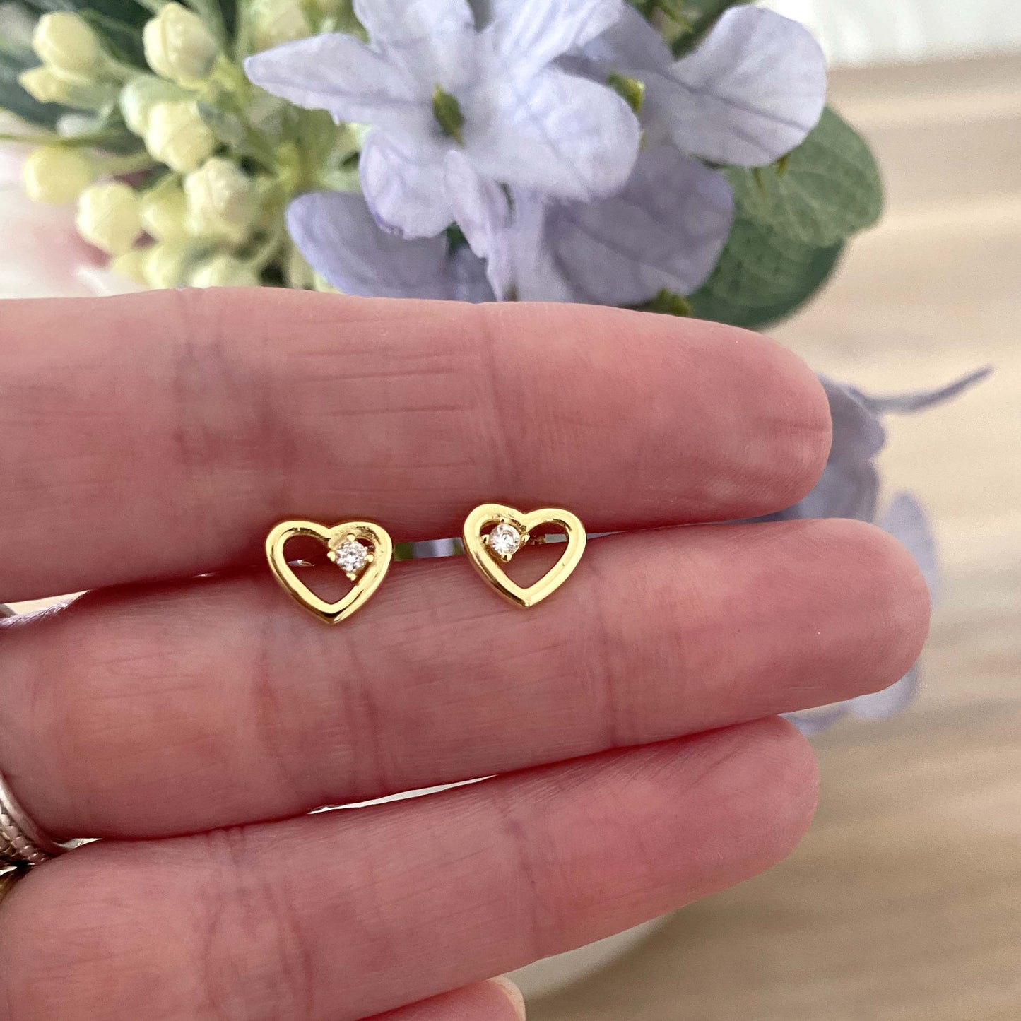 CZ Open Heart Stud Earrings 14ct Yellow Gold Plated 925 Sterling Silver