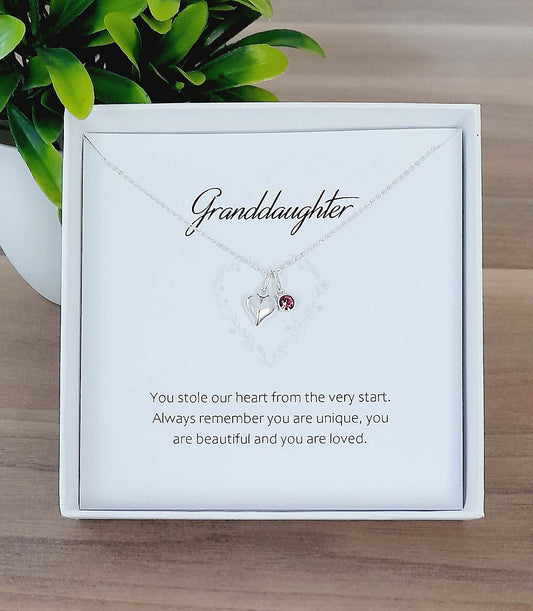 Granddaughter Puffy Heart Necklace with Birthstone in Sterling Silver 925, Personalised Jewellery Gift