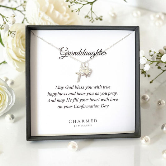 Granddaughter Confirmation Gift |Cross and Puffy Heart Necklace 925 Sterling Silver | Personalised Jewellery