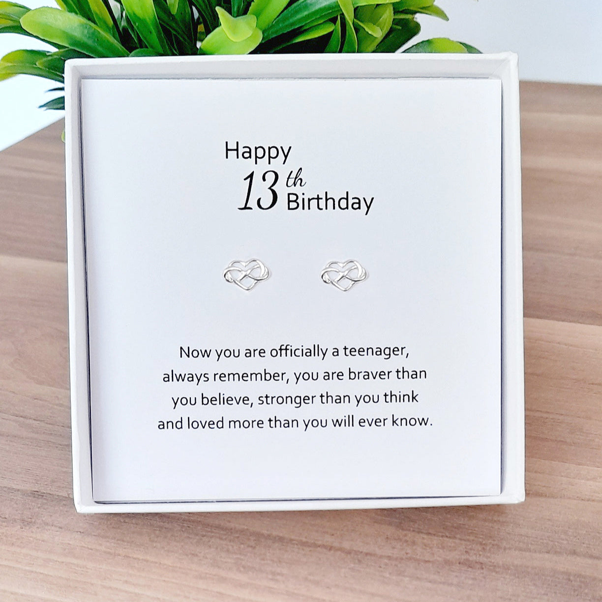 13th Birthday Infinity Heart Stud Earrings Sterling Silver 925, Personalised Jewellery Gift