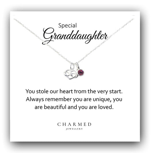 Granddaughter Infinity Heart Necklace with Birthstone in Sterling Silver 925, Personalised Jewellery Gift