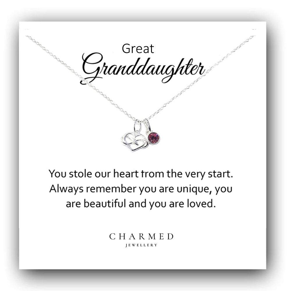 Granddaughter Infinity Heart Necklace with Birthstone in Sterling Silver 925, Personalised Jewellery Gift