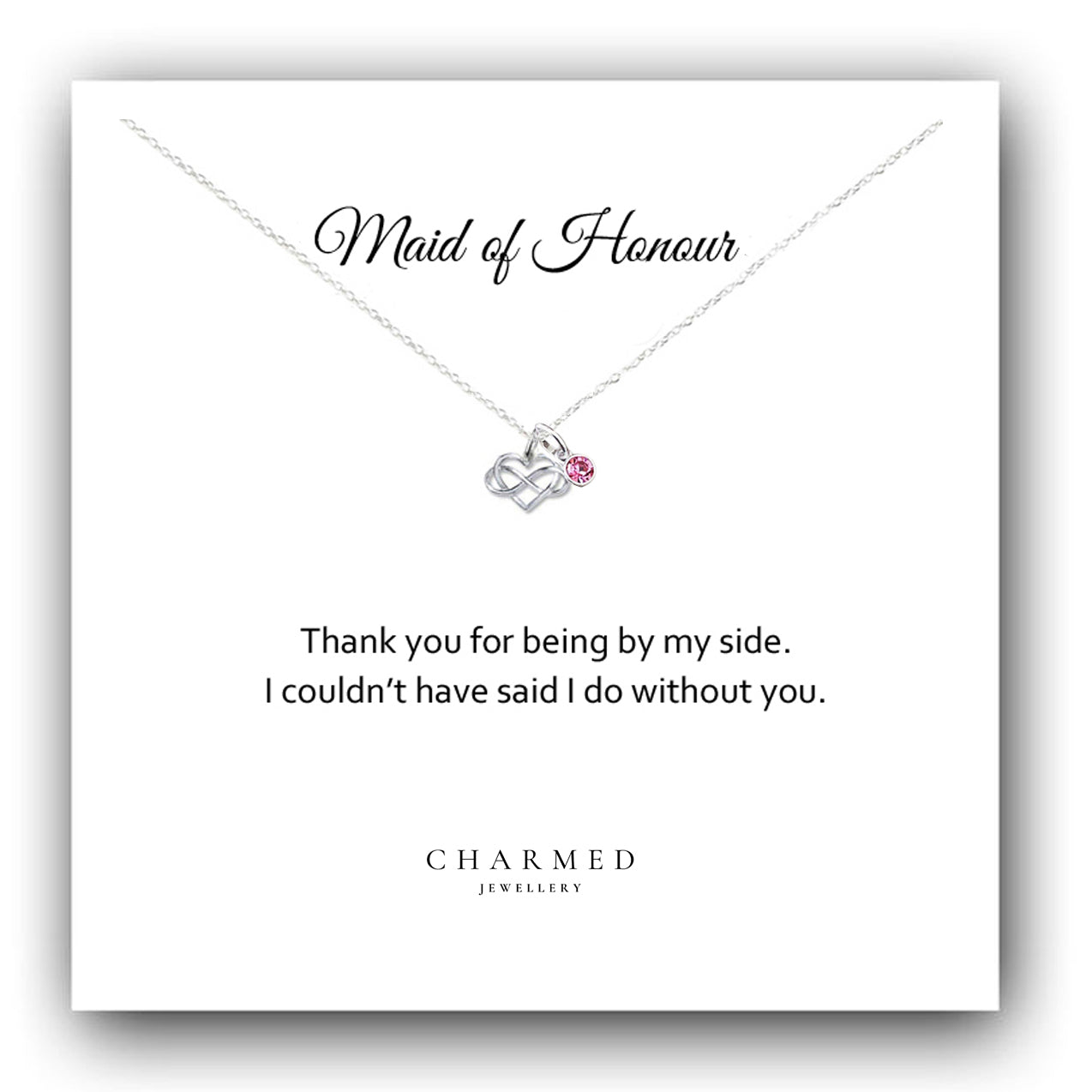 Maid of Honour Gift Infinity Heart Necklace with Birthstone in Sterling Silver 925, Personalised Gift