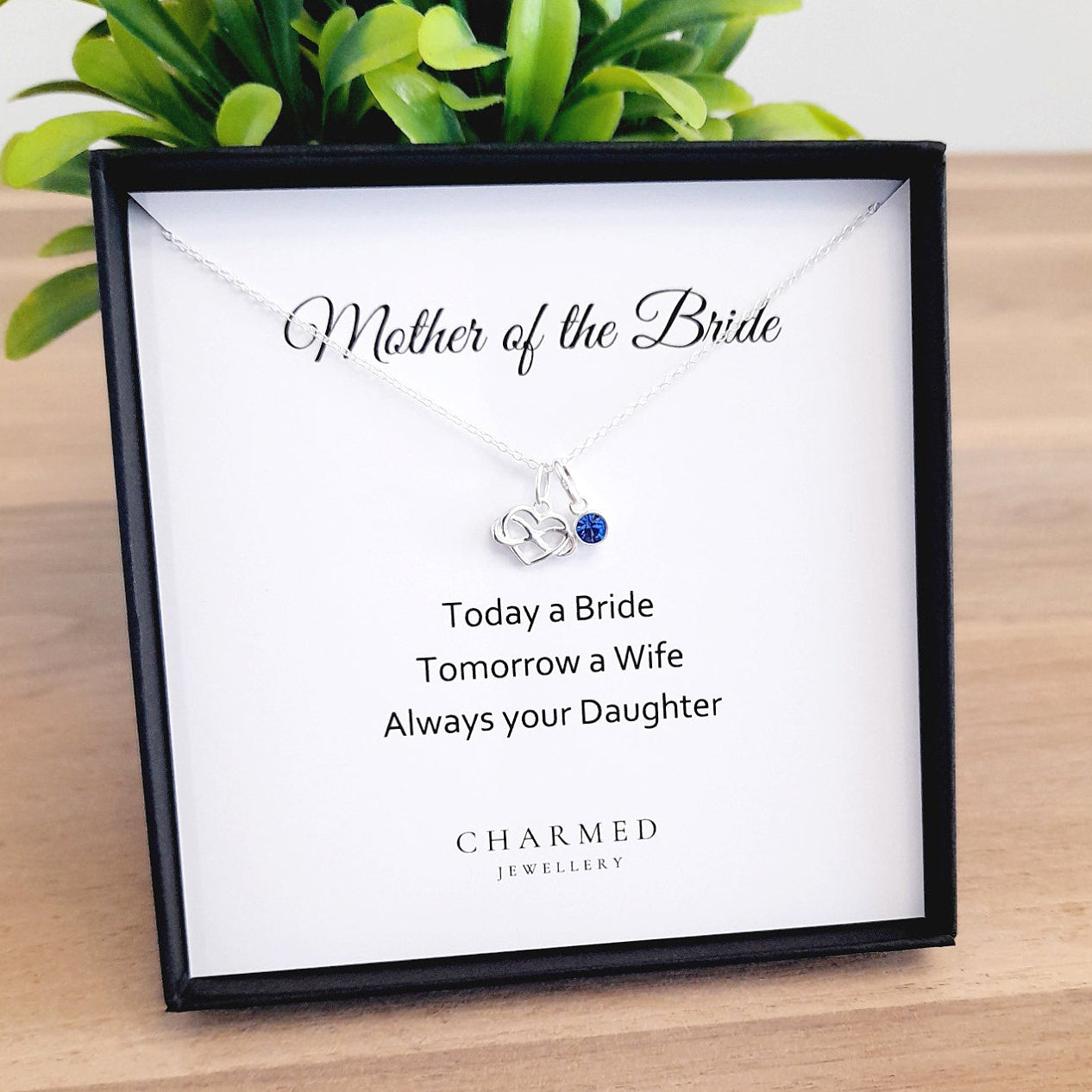 Mother of the Bride Infinity Heart Necklace with Birthstone in Sterling Silver 925, Personalised Jewellery Gift