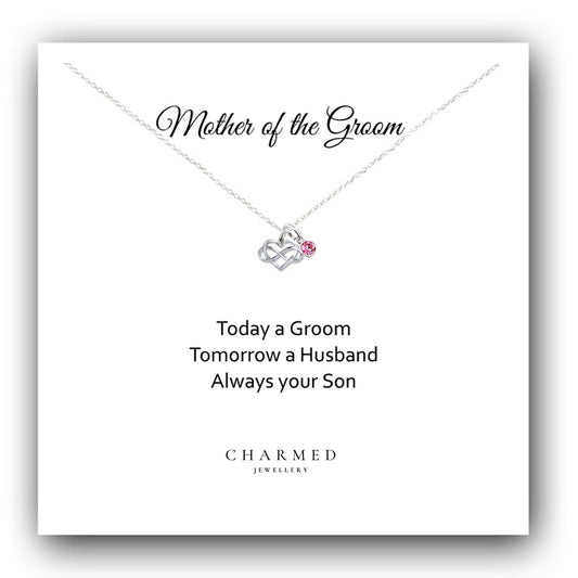 Mother of the Groom Infinity Heart Necklace with Birthstone in Sterling Silver 925, Personalised Jewellery Gift
