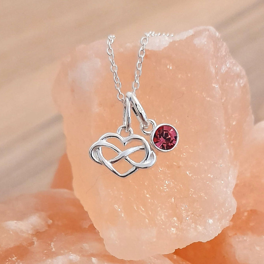 Infinity Heart Birthstone Necklace Sterling Silver 925, Personalised Jewellery