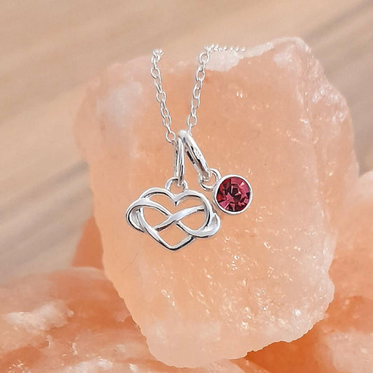 Infinity Heart Birthstone Necklace Sterling Silver 925, Personalised Jewellery