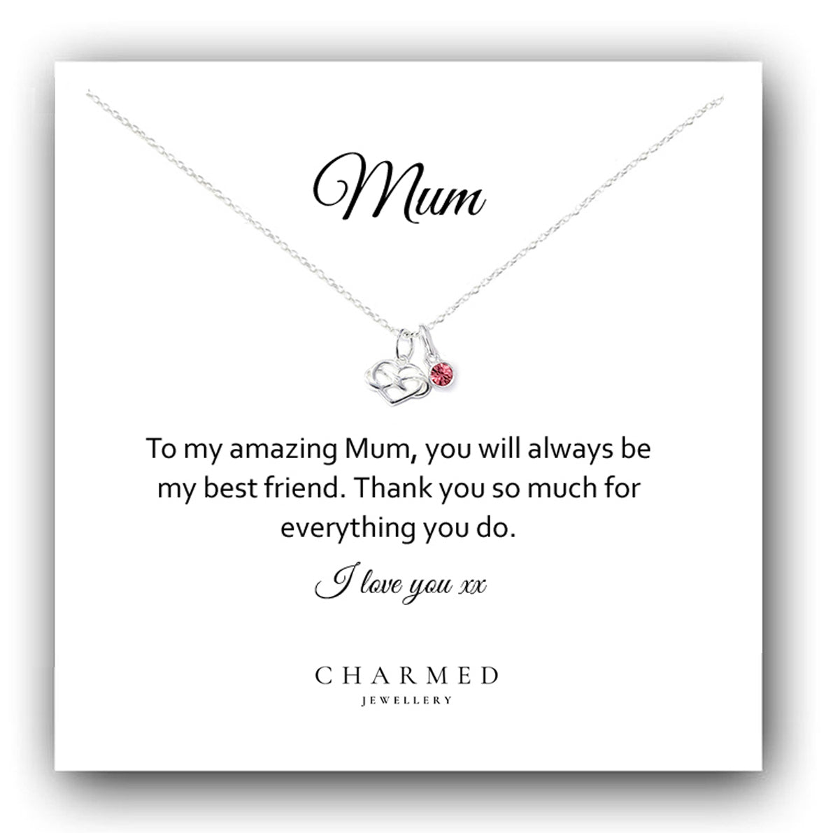 Mum Infinity Heart Necklace with Birthstone in Sterling Silver 925, Personalised Gift