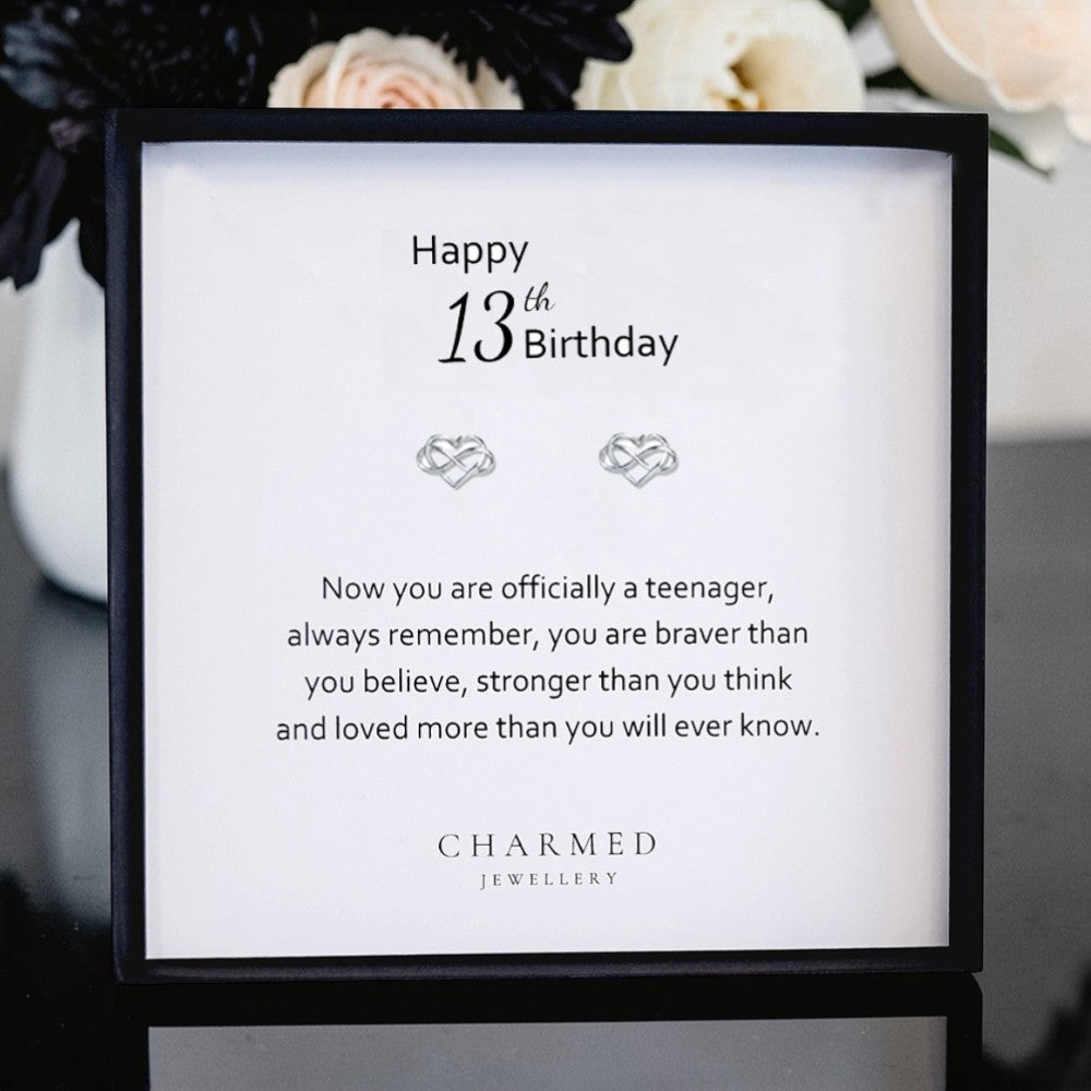 13th Birthday Infinity Heart Stud Earrings | Sterling Silver 925 | Personalised Gift