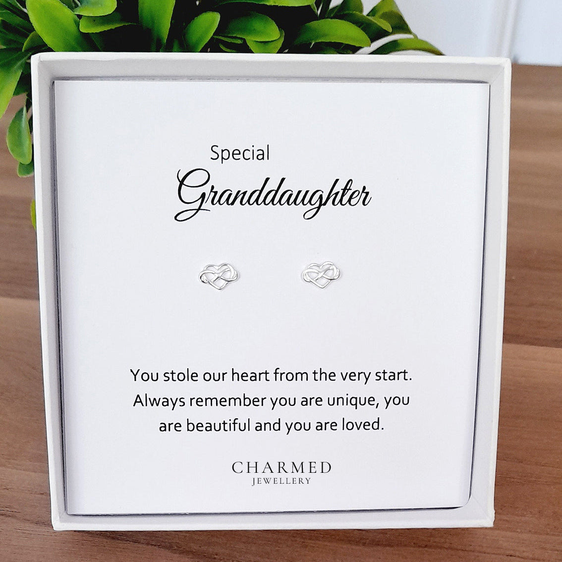 Granddaughter Gift, Infinity Heart Stud Earrings Sterling Silver 925, Personalised Jewellery Gift