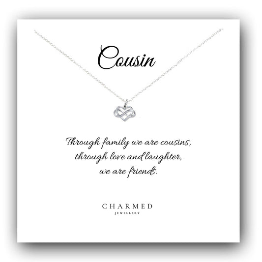 Cousin Infinity Heart Necklace in Sterling Silver 925, Personalised Gift
