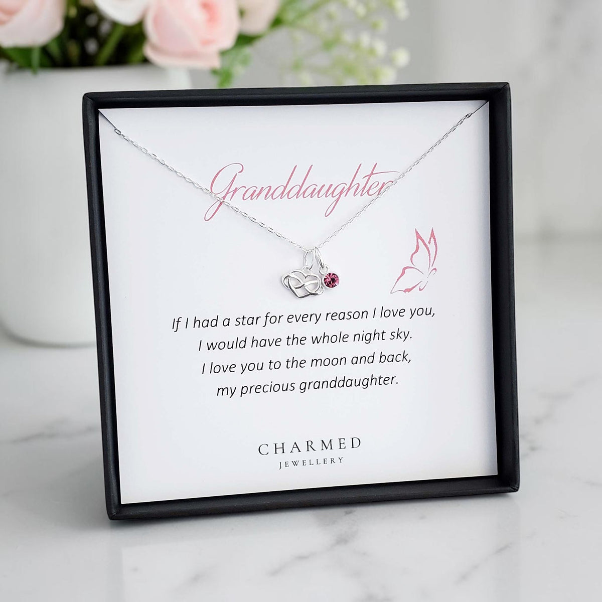 Granddaughter Gift | Infinity Heart Necklace with Birthstone | Sterling Silver 925 | Personalised Gift