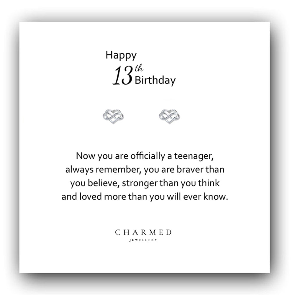 13th Birthday Gift,&nbsp; Infinity Heart Stud Earrings Sterling Silver 925, Personalised Jewellery Gift