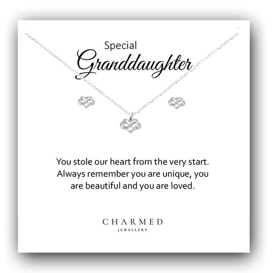 Granddaughter Infinity Heart Necklace & Earrings Set in Sterling Silver 925, Personalised Jewellery Gift
