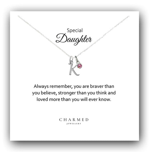 Daughter Letter Necklace with Birthstone in Sterling Silver 925, Personalised Jewellery Gift
