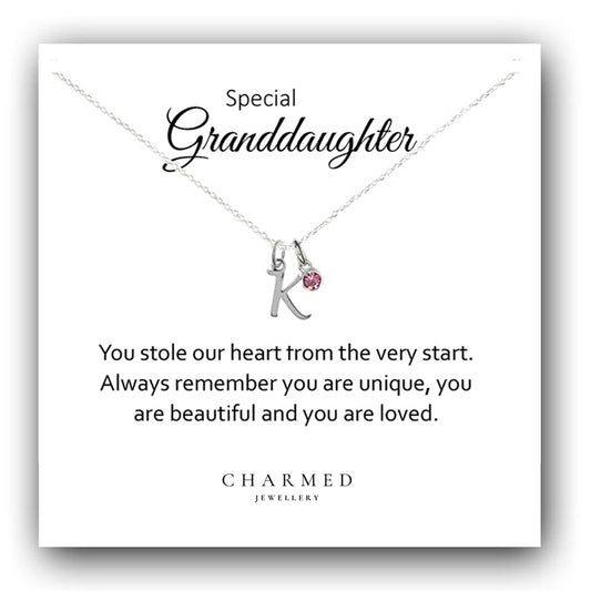 Granddaughter Gift, Initial Letter Necklace with Birthstone in Sterling Silver 925, Personalised Gift