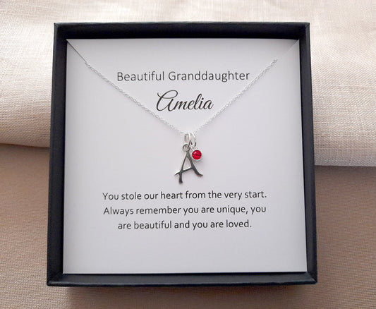 Granddaughter Initial Necklace with Birthstone in Sterling Silver 925, Personalised Jewellery Gift