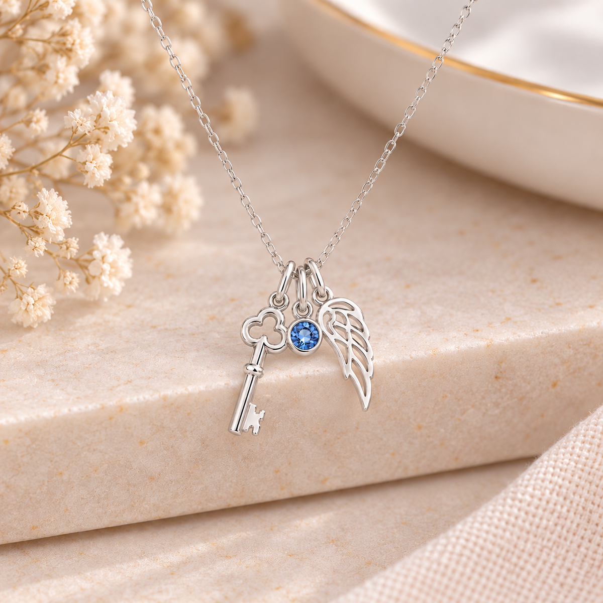 Sterling Silver Key and Angel Wing Necklace with crystal birthstone