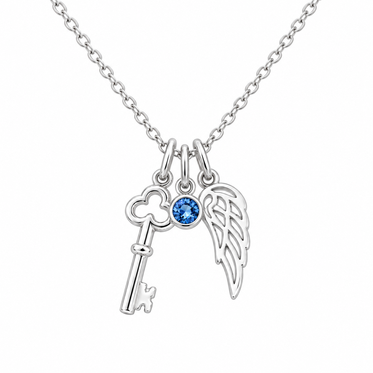 Key & Angel Wing Birthstone Necklace in 925 sterling silver